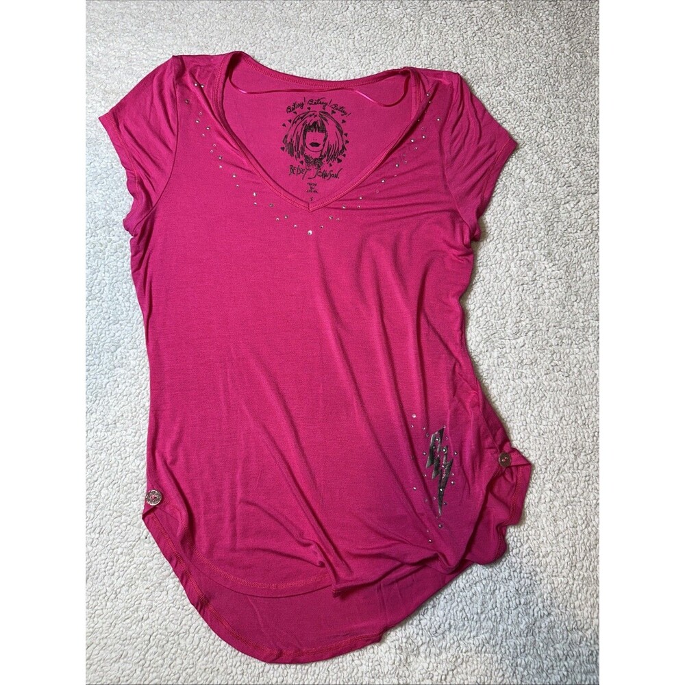 Betsy Johnson Hot Pink Tee Tunic Rhinestones Buttons Sz S